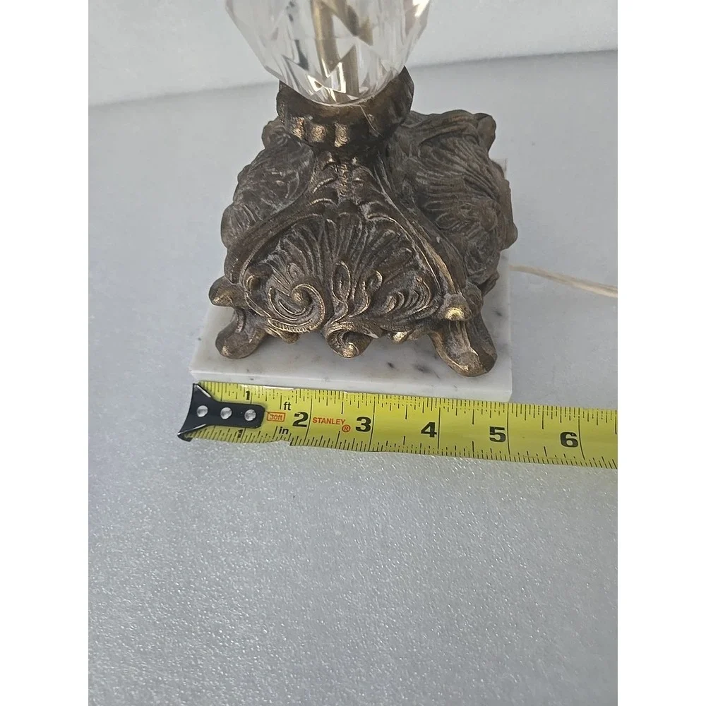 Vtg Hollywood Regency Lamp Bronze Scrolls Marble Base Crystal Glass Belly 1970s